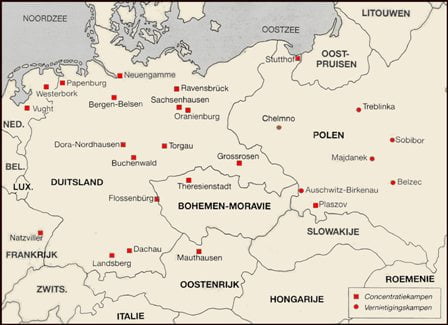 Kaart met de vernietigingskampen in Oost Europa