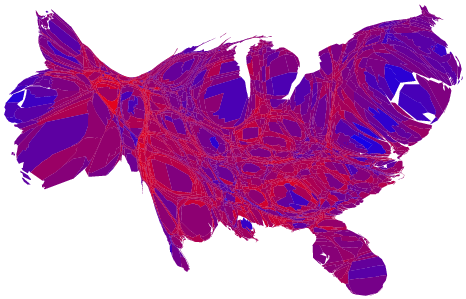 Kaart met counties ingekleurd, vervormd naar inwoners
