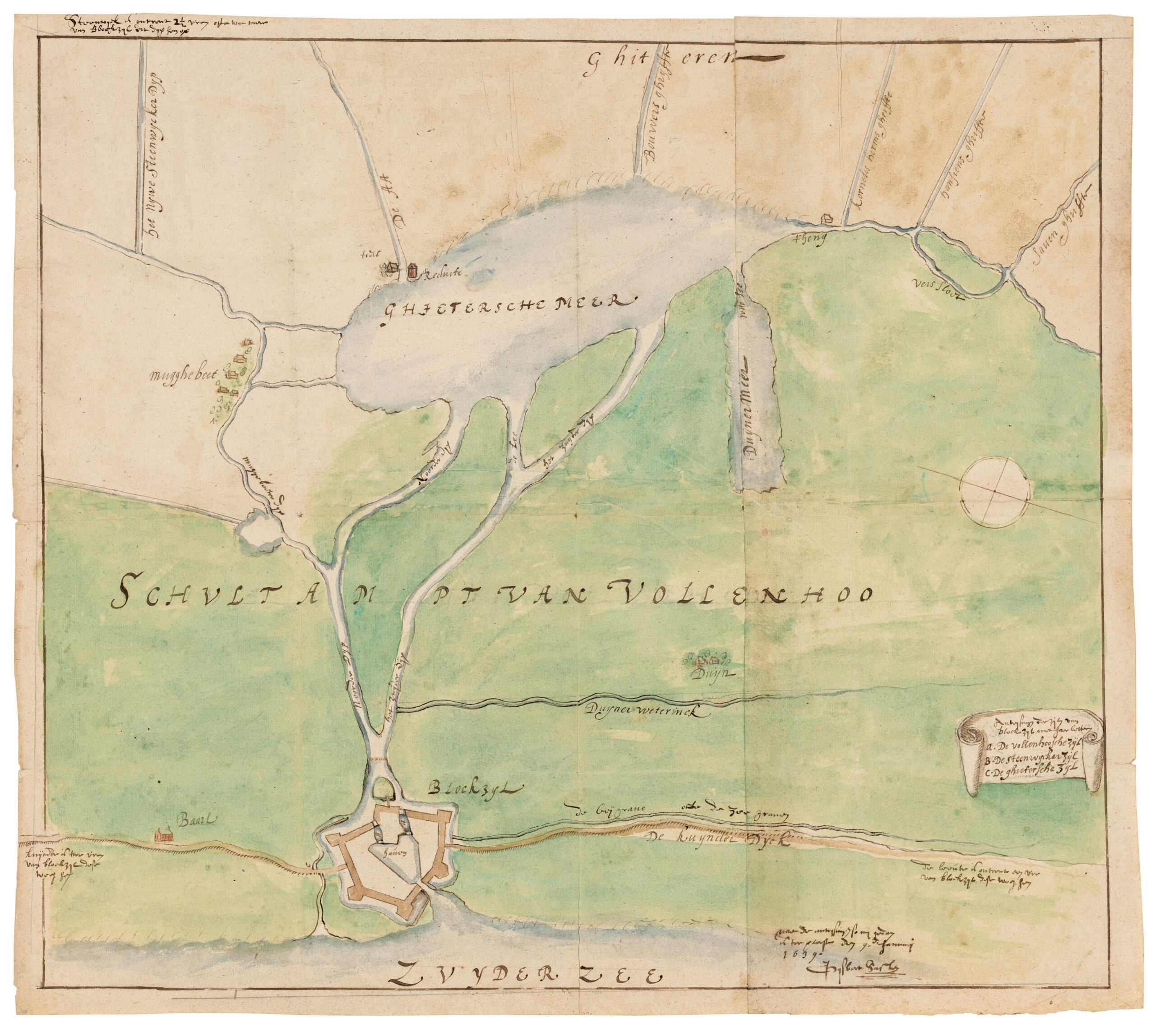 In Blokzijl stromen verschillende waterwegen de Zuiderzee in. Kaart van Gysbert Sassen in 1639.