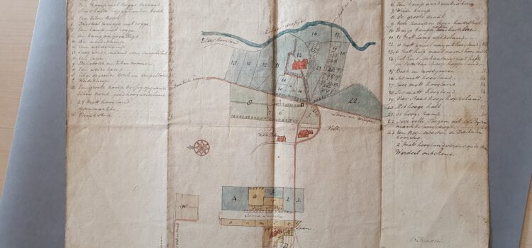Getekende kaart met daarop landgoed en huizen waaronder Ter Hansouwe, Enno Willinge, 1789