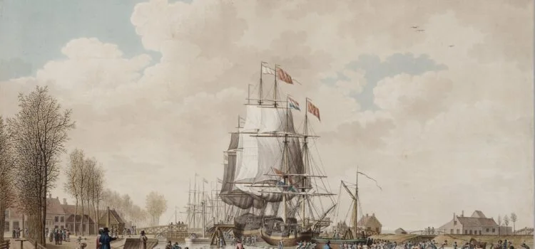 Zeilschepen op het bevroren Noordhollands kanaal bij Purmerend, 1830